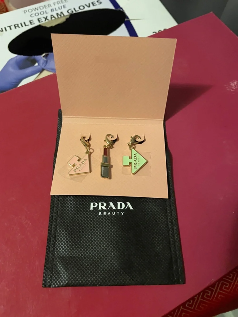 Prada Gold & Pink Enamel Logo Charm Set - Picture 1 of 15
